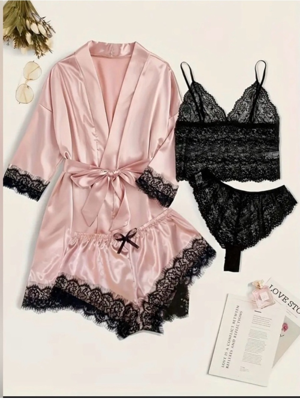 🆕 BRAND NEW Satin Lace Trim Robe & Lingerie Set - Pink and Black
